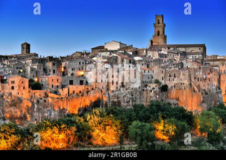 City of Pitigliano in Tuscany, Italy after sunset Stock Photo