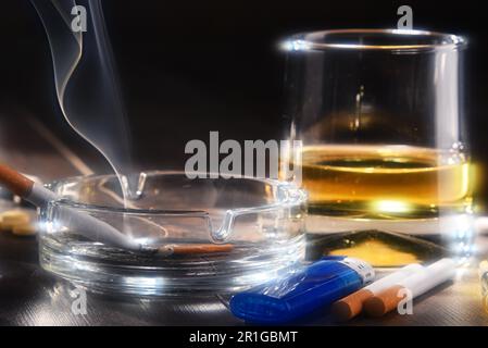 Addictive substances, including alcohol and cigarettes Stock Photo