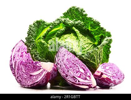 Fresh organic cabbage heads isolated on white background Stock Photo