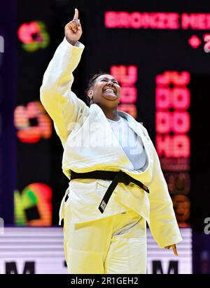 Doha. 13th May, 2023. Beatriz Souza of Brazil celebrates winning the women's  78kg bronze medal match against Kim Hayun of South Korea at the World Judo Championships Doha 2023 in Doha, Qatar on May 13, 2023. Credit: Nikku/Xinhua/Alamy Live News Stock Photo