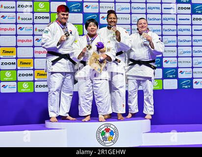 Doha, Beatriz Souza (2nd R) of Brazil and Raz Hershko of Israel pose on the podium during the awarding ceremony of the women's  78kg category at the World Judo Championships Doha 2023 in Doha. 13th May, 2023. Gold medalist Sone Akira (2nd L) of Japan, silver medalist Julia Tolofua (1st L) of France, bronze medalists Beatriz Souza (2nd R) of Brazil and Raz Hershko of Israel pose on the podium during the awarding ceremony of the women's  78kg category at the World Judo Championships Doha 2023 in Doha, Qatar on May 13, 2023. Credit: Nikku/Xinhua/Alamy Live News Stock Photo
