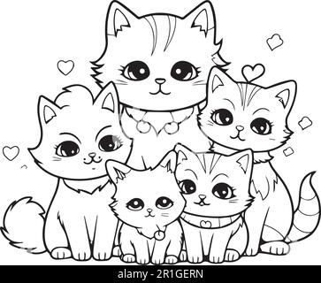 A coloring book page of a family of cats. Stock Vector