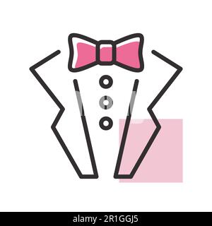 Man jacket. Tuxedo. Weddind suit with bow tie isolated icon. Vector illustration, romance elements. Sticker, patch, badge, card for marriage, valentin Stock Vector