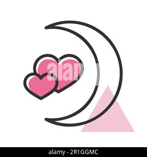 Crescent moon with heart shaped stars isolated icon. Vector illustration, romance elements. Sticker, patch, badge, card for marriage, valentine Stock Vector