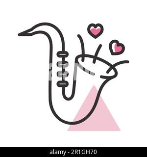 Cute saxophone and blowing hearts isolated icon. Vector illustration, romance elements. Sticker, patch, badge, card for marriage, valentine Stock Vector