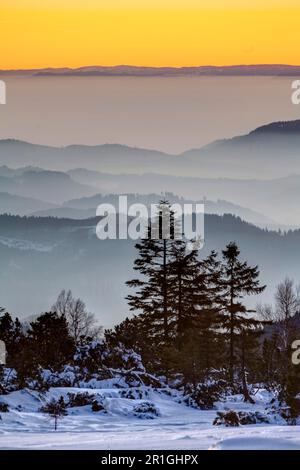 Winter landscape in the Black Forest, sunset, Black Forest High Road, B500, Baiersbronn, Baden-Wuerttemberg, Germany Stock Photo