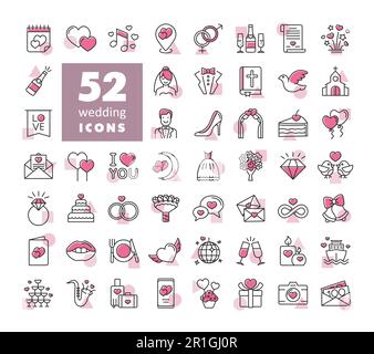 Wedding, marriage, bridal isolated icon set. Vector illustration, romance elements. Sticker, patch, badge, card for marriage, valentine Stock Vector