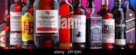 POZNAN, POLAND - NOV 16, 2018: Bottles of several global whiskey brands, the most popular liquor in the world Stock Photo