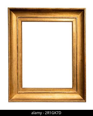 old vertical classic wide golden picture frame isolated on white background with cut out canvas Stock Photo