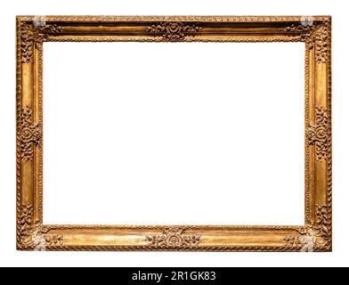 old horizontal golden baroque picture frame isolated on white background with cut out canvas Stock Photo