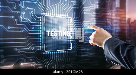 Testing Business Process. Man clicks on the inscription. Abstract design of illustrations with the inscription Testing. Stock Photo