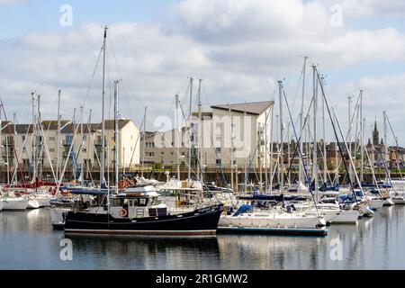 Small ships and boats in Ardrossan marina, Ardrossan, Ayrshire, Scotland, UK Stock Photo