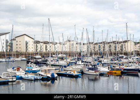 Small ships and boats in Ardrossan marina, Ardrossan, Ayrshire, Scotland, UK Stock Photo