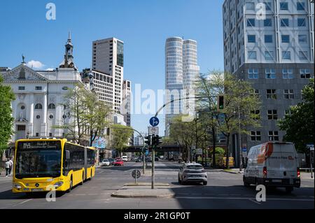 12.05.2023, Berlin, Germany, Europe - Kantstrasse with high-rise buildings Zoofenster housing Waldorf Astoria Hotel and Hotel Motel One Upper West. Stock Photo