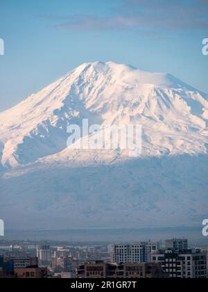Close-up shot of Mount Ararat from the Armenian Capital Yereval on a sunny morning Stock Photo