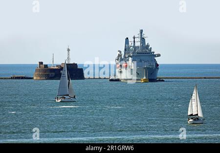 Fort Victoria, A 387, a Royal Fleet Auxilary Supply Vessel berthed inside the Breakwater at Plymouth Sound. She supplies Royal Navy vessels around the Stock Photo