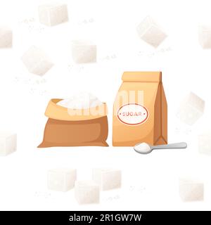 Seamless pattern white cube and granulated sugar in paper bag with spoon vector illustration on white background Stock Vector
