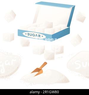 Seamless pattern natural white cubes of sugar in paper box vector illustration on white background Stock Vector