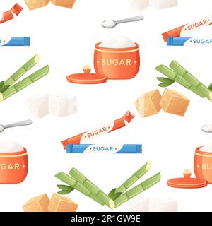 Seamless pattern of sugar in different types cubes sand cane vector illustration on white background Stock Vector