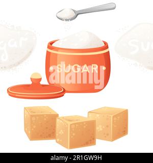 Seamless pattern brown cube and granulated sugar in red sugar bowl with spoon vector illustration on white background Stock Vector