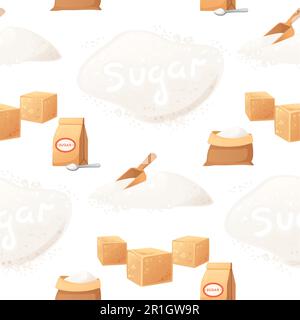 Seamless pattern brown cube and granulated sugar in paper bag with spoon vector illustration on white background Stock Vector