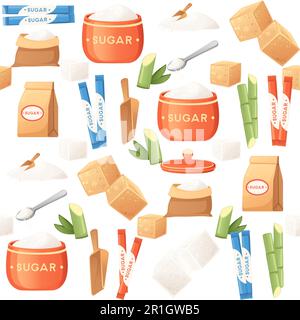 Seamless pattern of sugar in different types cubes sand cane vector illustration on white background Stock Vector