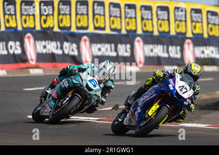 Portstewart, UK. 13th May, 2023. Richard Cooper and Michael Dunlop Navigating the Chicane at the Northwest 200 Race 2 Supersport Class bike. Davey Todd was the Winner of the race, with Richard Cooper second and Peter Hickman third Credit: Bonzo/Alamy Live News Stock Photo