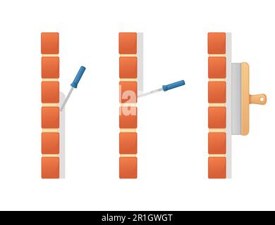 Plastering red brick wall with putty knife spatula vector illustration isolated on white background Stock Vector