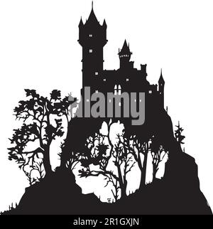 A black silhouette of a castle with a tree on top vector illustration. Stock Vector