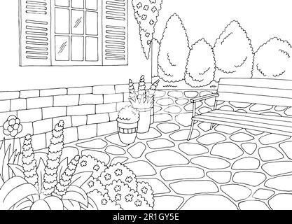 Bench in the garden graphic black white landscape sketch illustration vector Stock Vector
