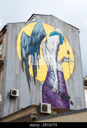 Street art mural Large painting mural artwork depicting horror dark theme on residential building facade wall in Sofia, Bulgaria Stock Photo