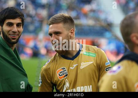 Saint Petersburg, Russia. 13th May, 2023. Ivan Sergeev (33), Zenit Football Club player celebrates after the match of the 27th round of the Russian Premier League season 2022/2022, Zenit - Krasnodar, where after the Zenit players were awarded gold medals. Zenit 2:2 Krasnodar. (Photo by Maksim Konstantinov/SOPA Images/Sipa USA) Credit: Sipa USA/Alamy Live News Stock Photo