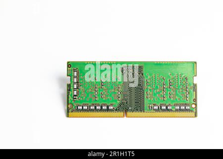 Computer notebook memory module type green color DDR4 isolate on white background. Stock Photo