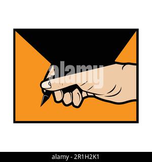 A hand holding a pen and writing on an orange background. Stock Vector