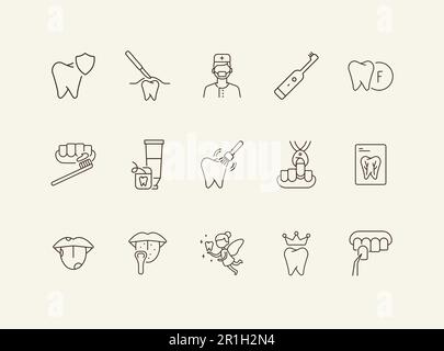 Teeth cleaning line icon set Stock Vector
