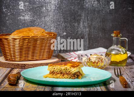 Pastitsio, traditional Greek food, with Ground Beef, baked pasta and Bechamel Sauce Stock Photo