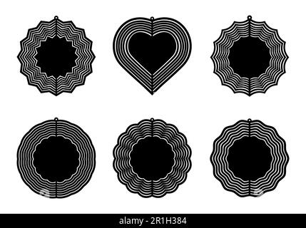 Wind Spinner template set isolated on white, vector silhouette design of spin yard decorations for sublimation. Garden decor blank circle, heart and Stock Vector