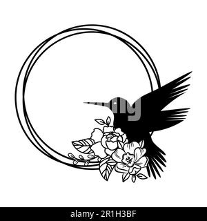 Hummingbird in a circle frame with flower decor silhouette. Isolated vector set with spring or summer birds for laser cut crafts. Stock Vector