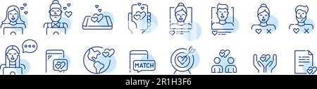 Dating app users chatting looking for match. Romantic relationships, marriage, attraction. Pixel perfect icons Stock Vector