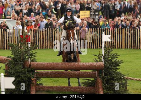 Pippa Funnell riding Majas Hope clears fence 21 during the Cross Country on Day three of the Badminton Horse Trials at Badminton, Gloucester, UK on 7 May 2023. Photo by Ken Sparks. Editorial use only, license required for commercial use. No use in betting, games or a single club/league/player publications. Stock Photo