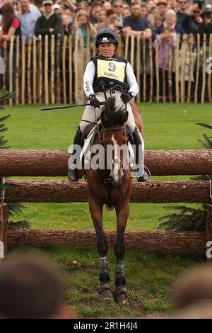 Pippa Funnell riding Majas Hope clears fence 21 during the Cross Country on Day three of the Badminton Horse Trials at Badminton, Gloucester, UK on 7 May 2023. Photo by Ken Sparks. Editorial use only, license required for commercial use. No use in betting, games or a single club/league/player publications. Stock Photo