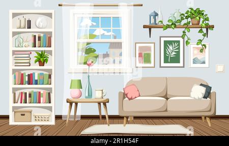 Living room interior with blue walls, a sofa, a white bookcase, a window, pictures, and houseplants. Cozy room interior design. Cartoon vector illustr Stock Vector