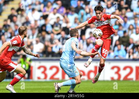 Coventry, UK. 14th May 2023Coventry, UK. 14th May 2023. Liam Kelly (6 Coventry City) and Hayden Hackney (30 Middlesbrough) challenge for the ball during the Sky Bet Championship Play Off Semi Final 1st Leg between Coventry City and Middlesbrough at the Coventry Building Society Arena, (Photo: Kevin Hodgson | MI News) Credit: MI News & Sport /Alamy Live News Stock Photo