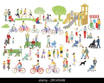 Families and people at leisure in the park, illustration Stock Vector