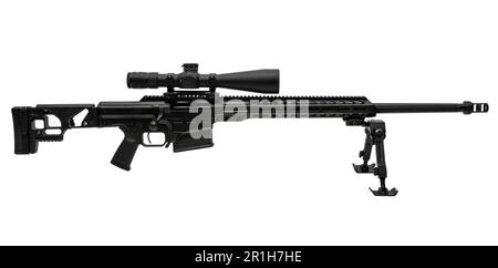 Modern powerful large-caliber tactical sniper rifle with a telescopic sight mounted on a bipod. A bolt action weapon. Long range rifle. Isolate on a w Stock Photo