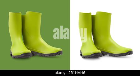 Green rubber boots. Tool equipment for gardening or vegetable garden and plant care. Also useful for rain. Front view isolated on white and green back Stock Photo