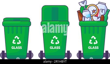 Set of containers with lid for storing, recycling and sorting used household Glass waste. Closed empty and filled trash can with recycle sign. Simple Stock Vector
