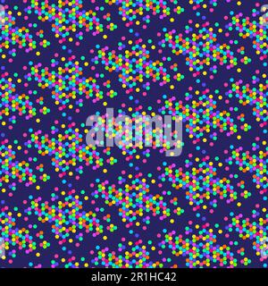 Chaotic neon seamless pattern of clusters of multi colored hexagons in geometric sequence dark blue night sky. Ornament for printing on fabric, cover Stock Vector