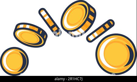 Scattering of gold coins falls and spins in air. Golden metal coins rotation, falling money frame animation elements. Simple cartoon outline vector is Stock Vector