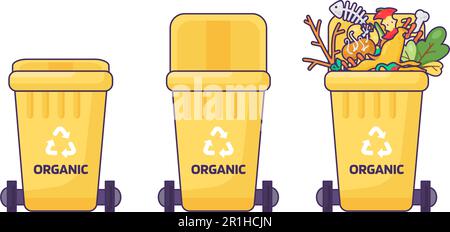 Collection of containers with lid for storing, recycling and sorting used household Organic waste. Closed empty and filled trash can with recycle sign Stock Vector